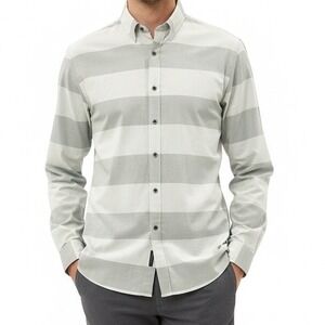 Banana Republic Slim Fit Gray Cream Striped Button Down‎ Shirt Men's XL